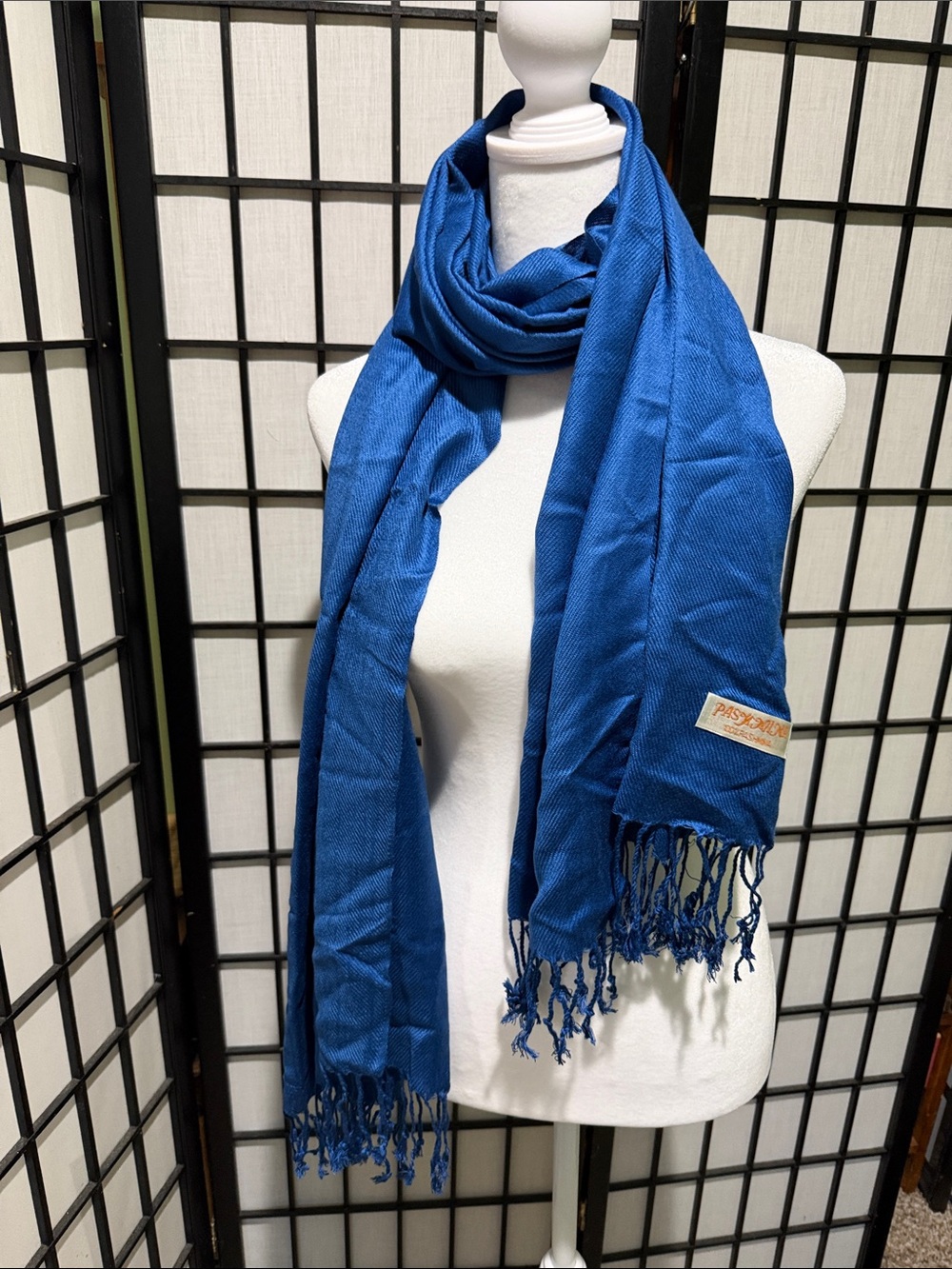 100% Pashima Royal Blue Woven Fringe Scarf Soft and Cozy EUC